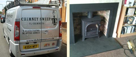 Van and fireplace